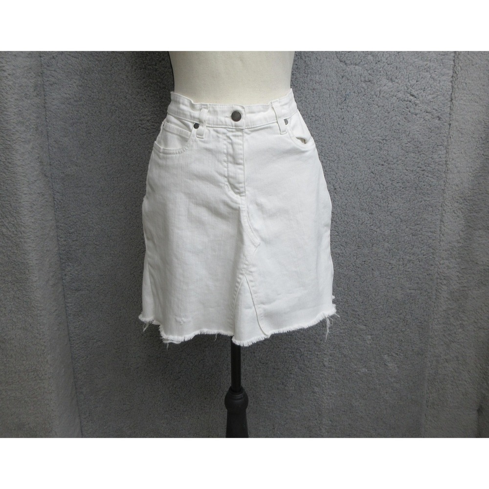 Eileen Fisher Denim Mini Skirt Womens 10 White Raw Frayed Hem Coastal Resortwear